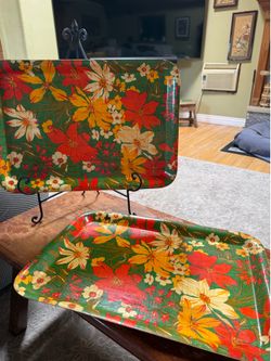 Vintage Tropical Floral Serving Trays – Matching Pair – Bamboo/Rattan