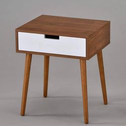 Light Walnut/White Side End Table Nighstand with Drawer 22.5" H