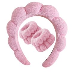 i Spa Headband for Washing Face, Pink Sponge Face Wash Headband and Wristband Set for Makeup Skincare Headbands Puffy Non Slip Headwear Hair Accessori