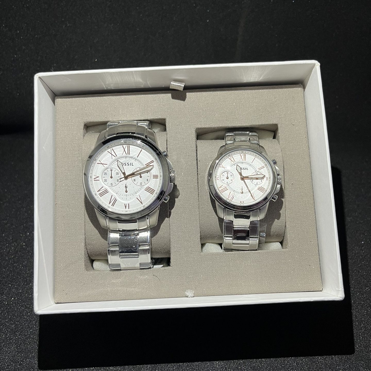 Fossil Set Of 2 His & Her Silver+Rose Gold Tone, Bracket Watch BQ2180SET