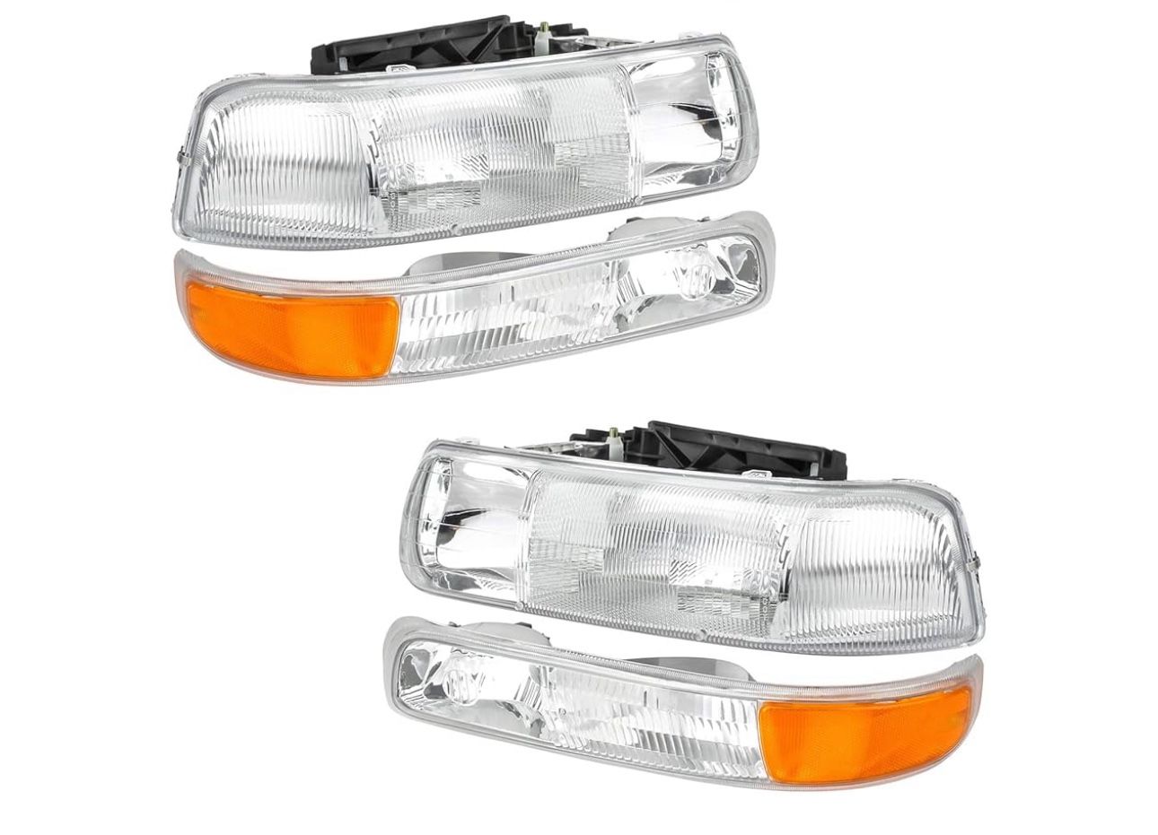 4-Piece Headlight Assembly Chrome Housing Clear Lens For Chevy 00-06 Tahoe Suburban 1500 2500/99-02 Silverado 1500 2500/01-02 Silverado 1500HD 2500HD