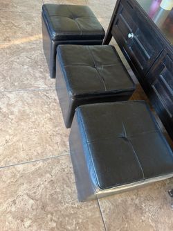 Set of 3 Black Faux Leather Storage Ottoman Cubes
