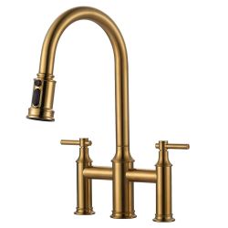 Double Handle Bridge Kitchen Faucet with 3-Spray Patterns and 360 Degrees Rotation Spout in Gold