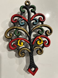 Vintage Mid-Century Painted Cast Iron Tree of Life Trivet