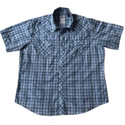 Wrangler Wrancher Western Pearl Snap Shirt XXL blue plaid short sleeves Cowboy