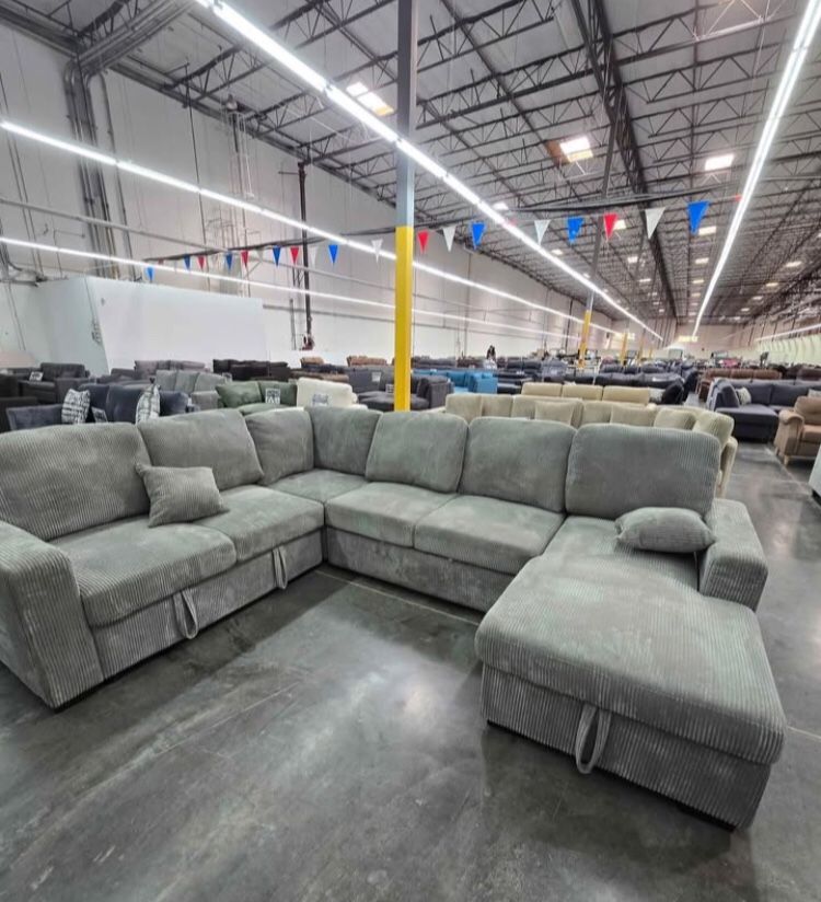 XL Sectional Sofa With Pull-out Bed & Storage Grey Corduroy