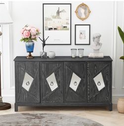 Modern 4-Door Cabinet with Mirrored Decorative Doors,for Bedroom,Living Room,Office,Easy Assembly, Grey