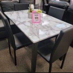 Cute! 5-pc Dining Table Set White Faux Marble Table Top