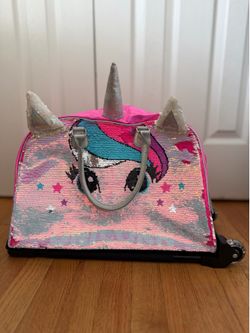 JUSTICE FLI SEQUIN UNICORN ROLLING LUGGAGE WITH LIGH UP WHEELS