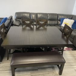 Kelly adjustable dining table with four chairs and bench only $699. Easy finance option. Same day delivery.