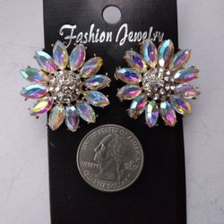 Sparkle Crystal AB Sun Flower Stud Earings Push Back Gold Plated 1.25" 
