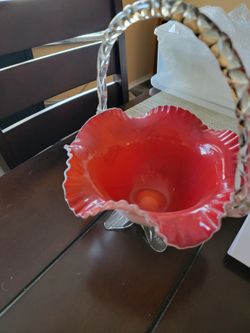 Red Cased Glass Basket with Ruffled Edge