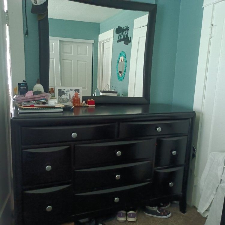 Queen Size Bed Frame And Mattress No Box Spring, Solid Wood Very Sturdy.Along With Dresser An Mirror Combo. Both For $450.00