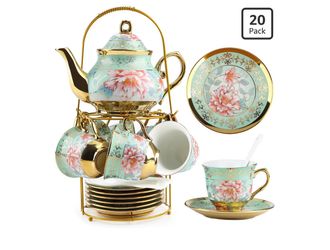 20 Pcs Porcelain Tea Set with Metal Holder and Spoon, European Ceramic Tea Set for Adults, European Flower Painting Teapot Cup Saucer Spoon Set for 6,