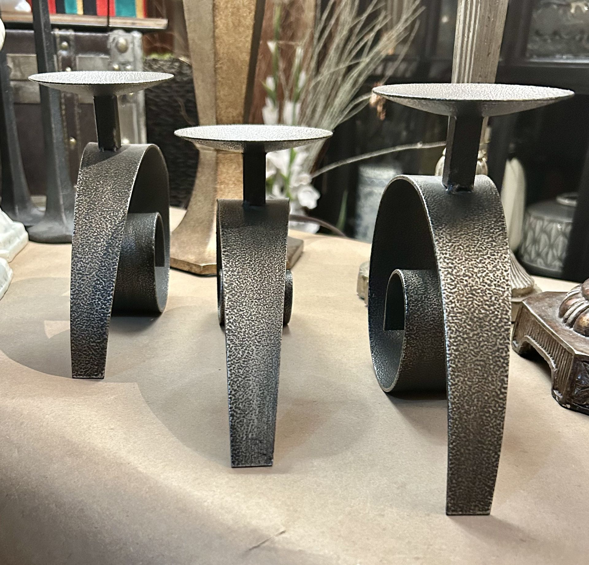 Unique Set Of Heavy Hammered Iron/metal Pillar Candle Holders