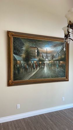 Large Eiffel Tower, hand painting  5 feet by 7 feet with gold frame