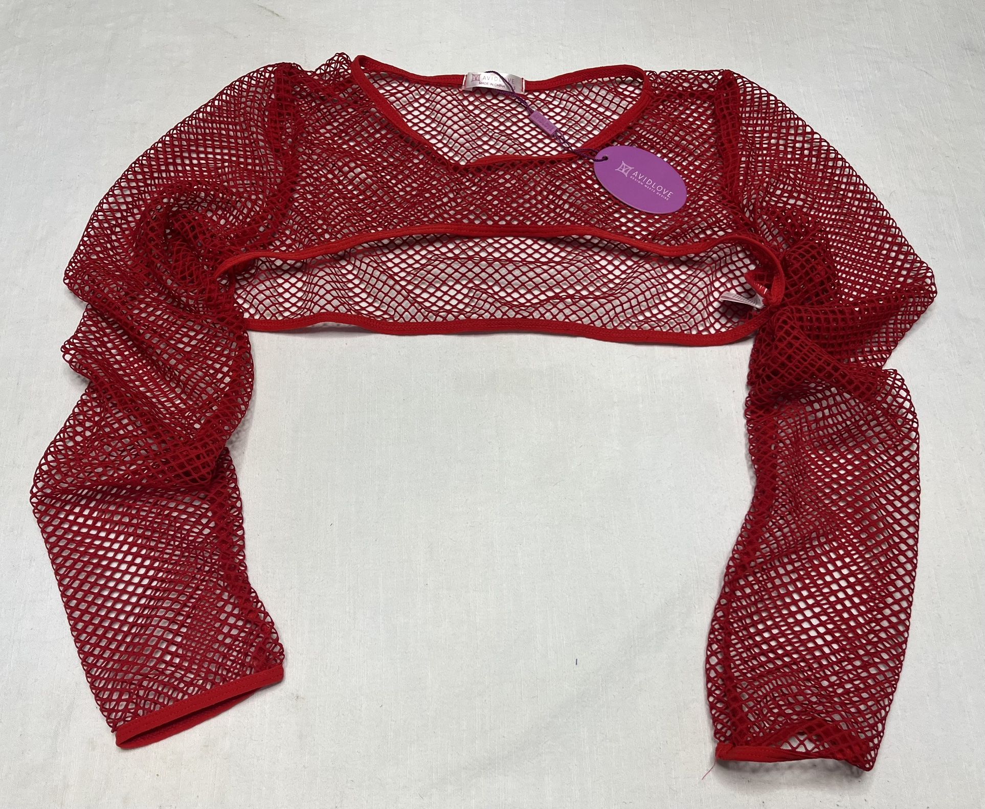 Avidlove Red Fishnet Long Sleeve Crop Top Small