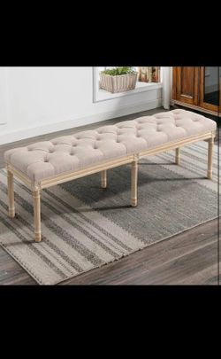 Vintage Linen Color Upholstered 60 inch Bench with Natural Wooden Legs