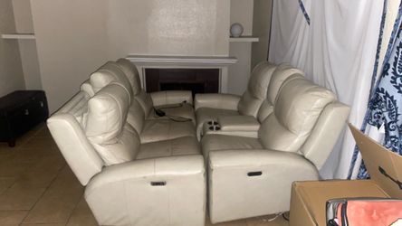Cream Leather Power Recliner Sofa Set