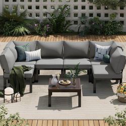 Outdoor Patio Furniture Set, 7 Piece Metal Patio Sectional Conversation Sofa, Black Wrought Iron