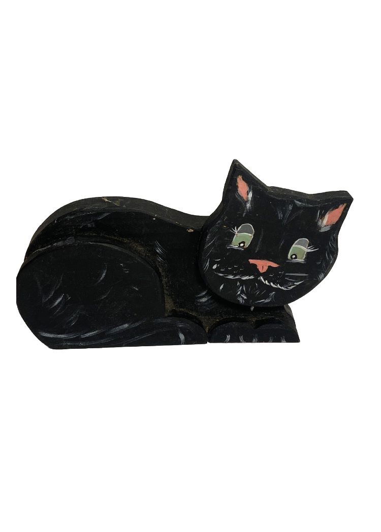 Vintage Black Cat figure hand painted wood anthropomorphic adjustable Head