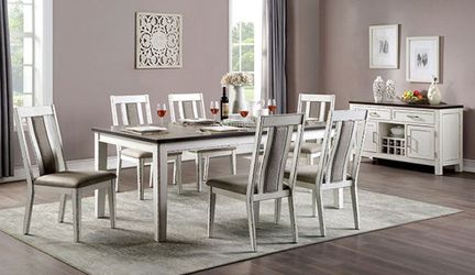 Brand New Weathered White Dark Walnut & Grey 7pc Dining Table Set