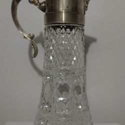MID CENTURY CUT GLASS- SILVER PLATED PITCHER CARAFE WINE DECANTER 14"