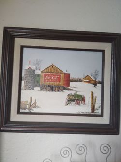 15X12 Vintage 1975  R Smith  Coca-Cola Barn painting Original signed frame Oil