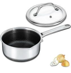 Hybrid Nonstick 2 QT Saucepan with Lid, Stainless Steel Honeycomb Pot with Two Pour Spouts,Compatible with All Cooktops,Dishwasher and Oven Safe