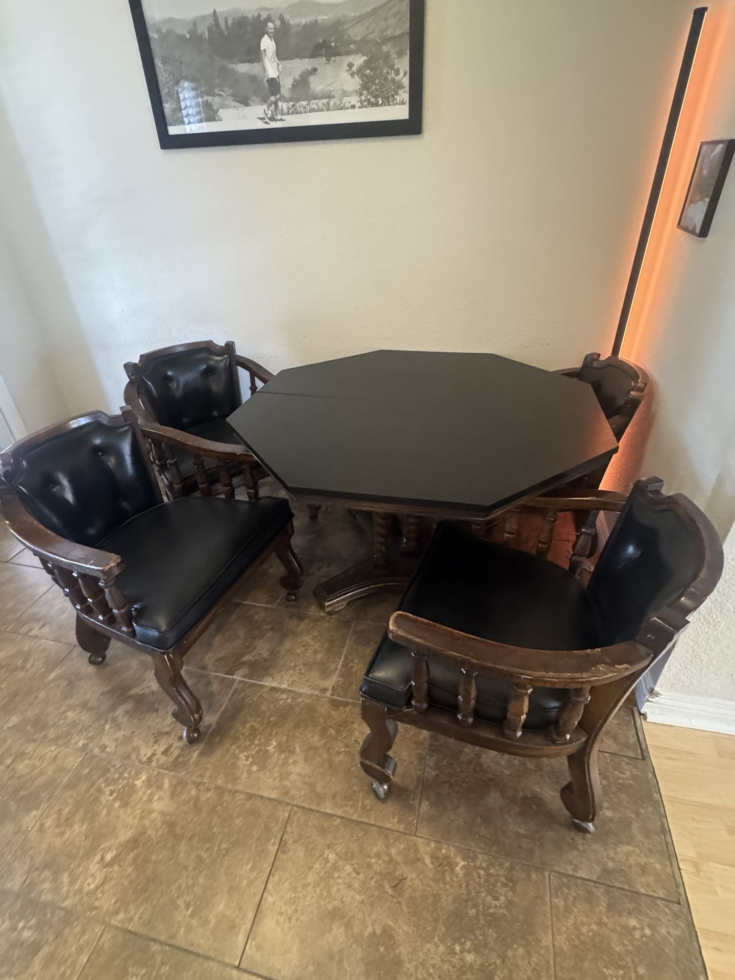 Vintage Wood & Leather Game Table Set โ 4 Rolling Chairs + Octagon Table