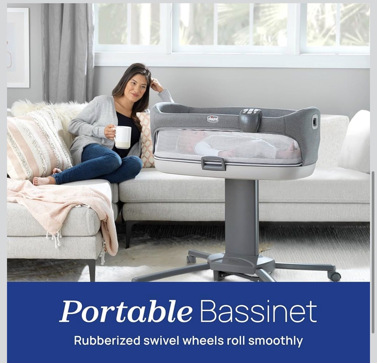 Chicco Close to You 3-in-1 Bedside Bassinet, Portable Newborn Bassinet with Wheels, Adjustable-Height Changing Table