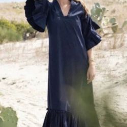 Fitzroy & Willa navy square neck ruffle neck sleeve tiered maxi dress Soleil EUC 