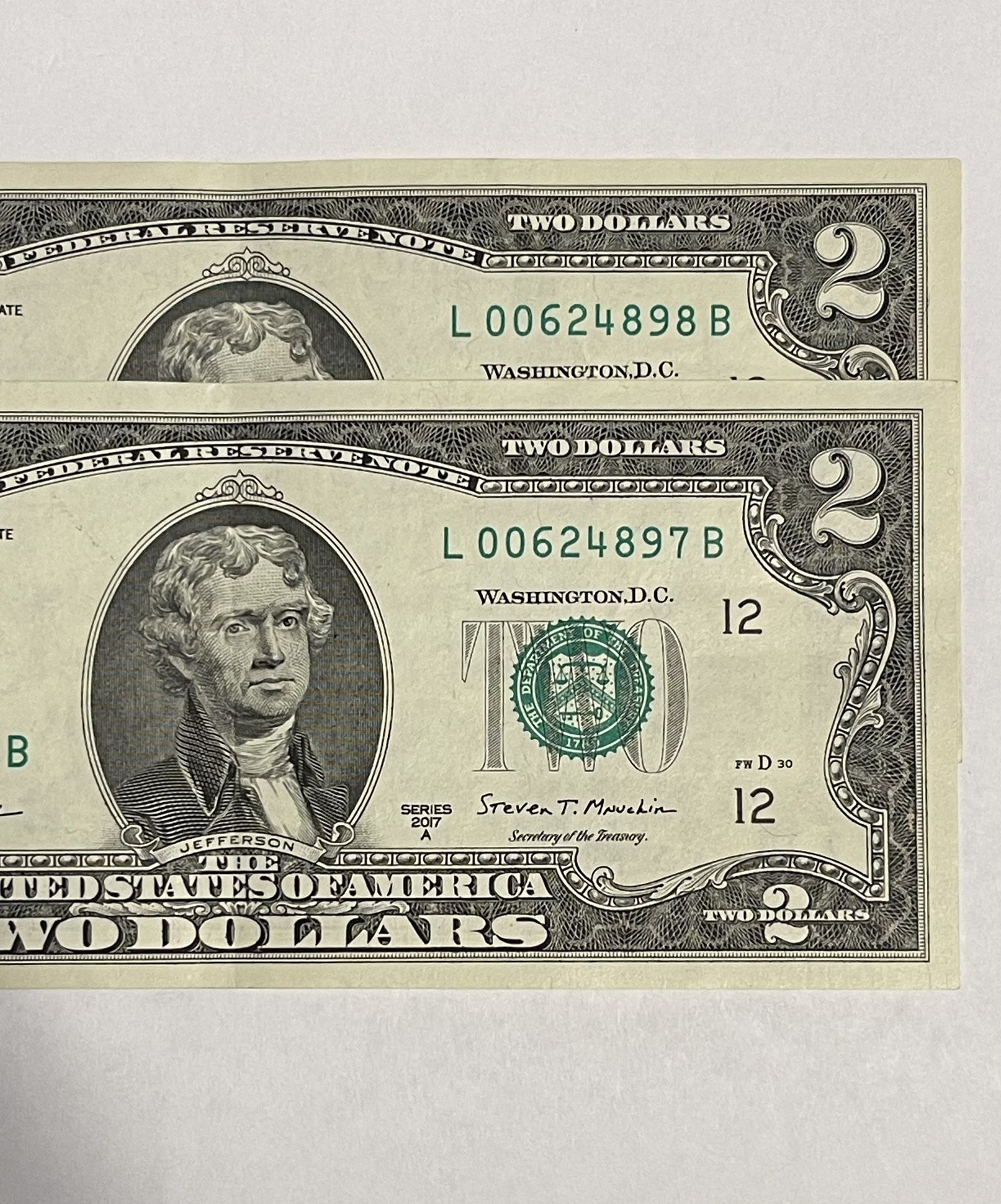$2 Bills Lot Of 2 In Sequential Order Low Serial Number