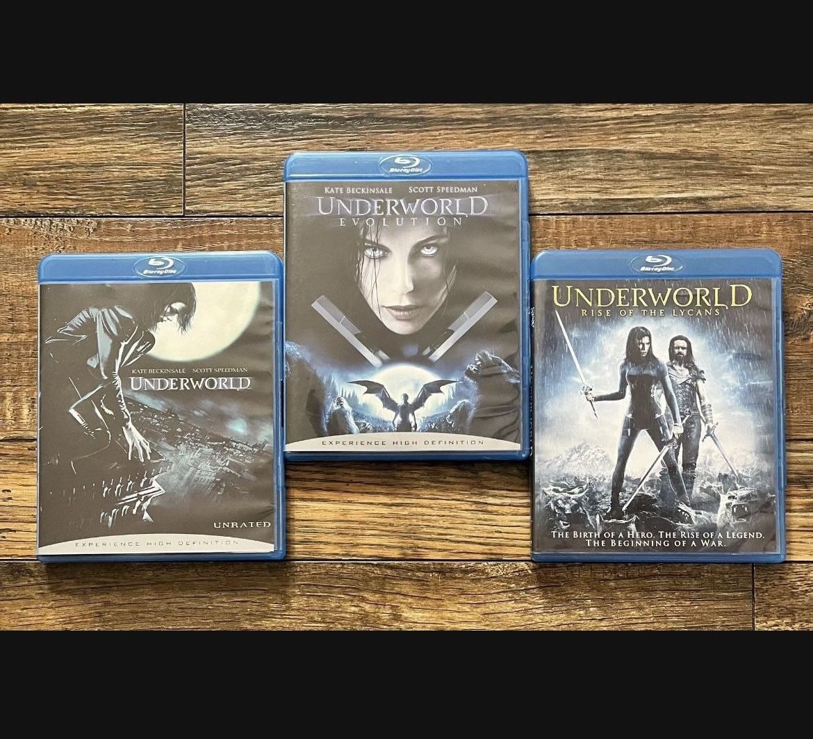 UNDERWORLD Trilogy on Blu-Ray Disc: Underworld (#1) Unrated Edition, Evolution (#2) and Ride Of The Lycans (#3) Lot of Three Used Movies