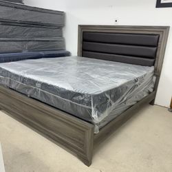 King Leather Headboard Wood Frame With Mattress Set