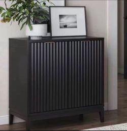 Open Box New Nathan James Jasper Black Oak Finish MDF 31 in. Sideboard Accent Storage Cabinet with Fluted Doors and Adjustable Shelves