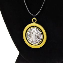 Saint St Benedict Choker Medalla De San Benito Two Tone Spinner Pendant 18"-20" Cord Necklace