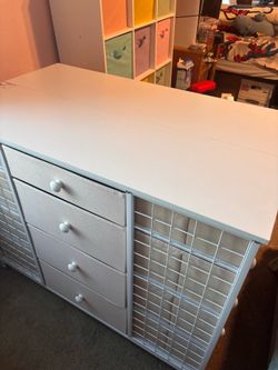 White Dresser with Fabric Drawers and Wire Baskets