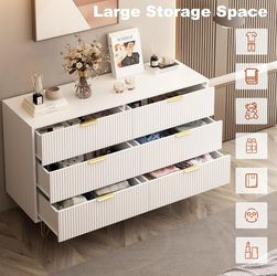 White 6 Drawer Dresser with Golden Handle, Fluted Wood Dressers, Modern Chest for Bedroom, Living Room, Hallway, Entryway  $100 （有点掉漆） 📍 3749 Scott F