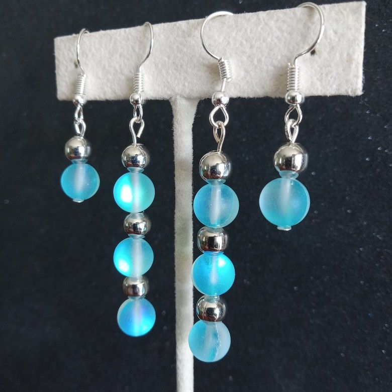 Blue mermaid glass iridescent beaded dangle earrings set