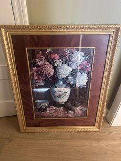 Peonies With Plums 28 X 34 Picture Matted With Gold Frame