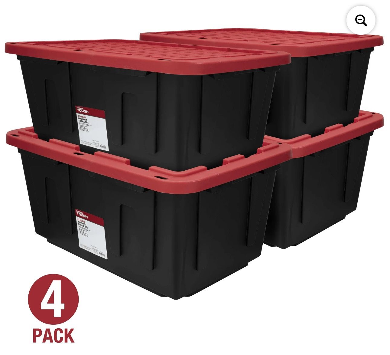 Hyper Tough Large Storage Bin, 27 Gallon Plastic Storage Container with Snap-On Lid, Black and Red, Pack of 4, Industrial