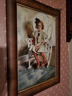 Antique Girl in white rocker oil painting, Signed