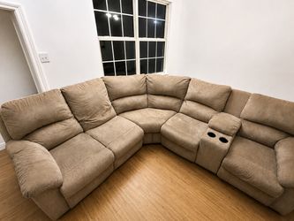 Beige Fabric Sectional Sofa with Cup Holders