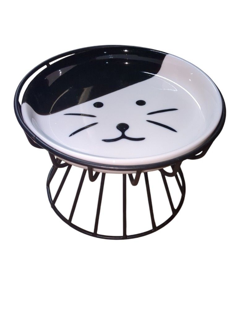 Brand New - Cat Feeder, Ceramic Cat Bowl with Metal Stand, Whisker Friendly, Anti Vomit, Dishwasher Safe, (Black & White)