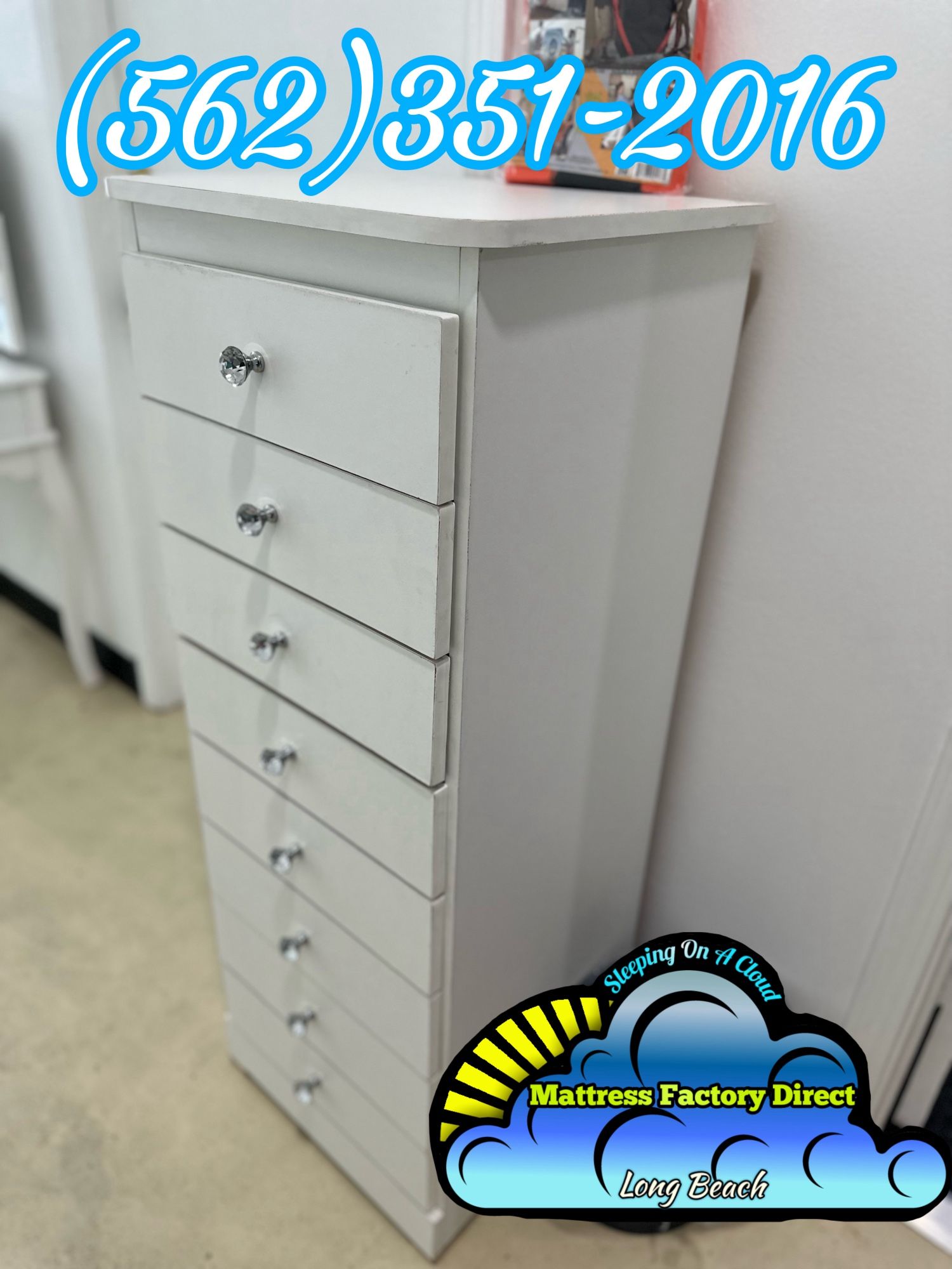 White Tall 8 Drawer Dresser With Diamond Knobs Fully Assembled