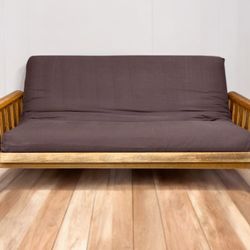 Brown Solid Wood Slatted Full Size Futon Bed w/ Thick Pad