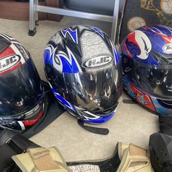 Three Motorcycle Helmets,two Motorcycle Vest, And A Motorcycle Jacket ……,,$550