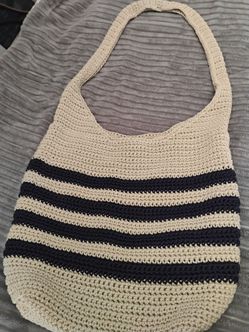 TOMMY BAHAMA Crochet Tote Bag Cream Navy Stripe
