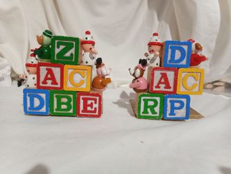 Vintage Alphabet Block Bookends with Clown Figurines